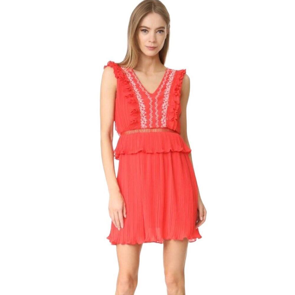 Moon River Pleated V-Neck Embroidered Tiered Ruffle Mini Dress Size S Red Orange
